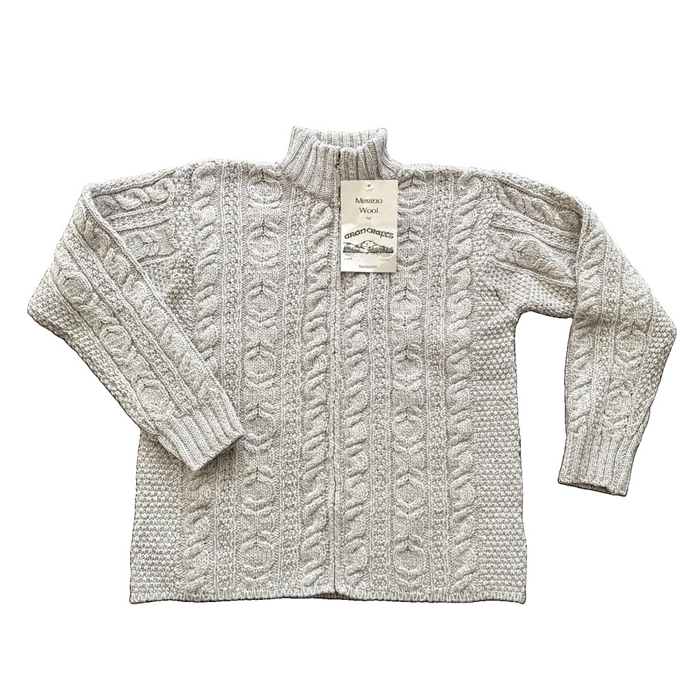 Aran Crafts Merino Wool Cable Knit Fisherman Sweater Women M Full Zip Ireland